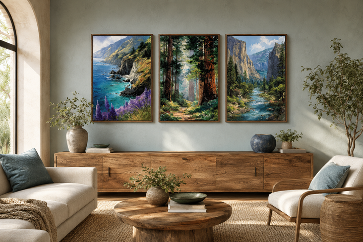 Set of 3 framed paintings featuring Big Sur, Redwood Forest, and Yosemite landscapes on a blue wall.