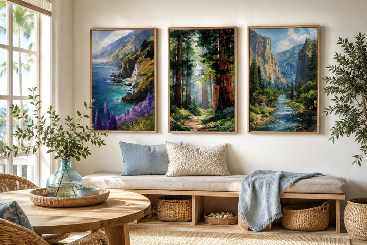 Set of 3 framed California landscape paintings of Big Sur, Redwood Forest, and Yosemite on a wall.