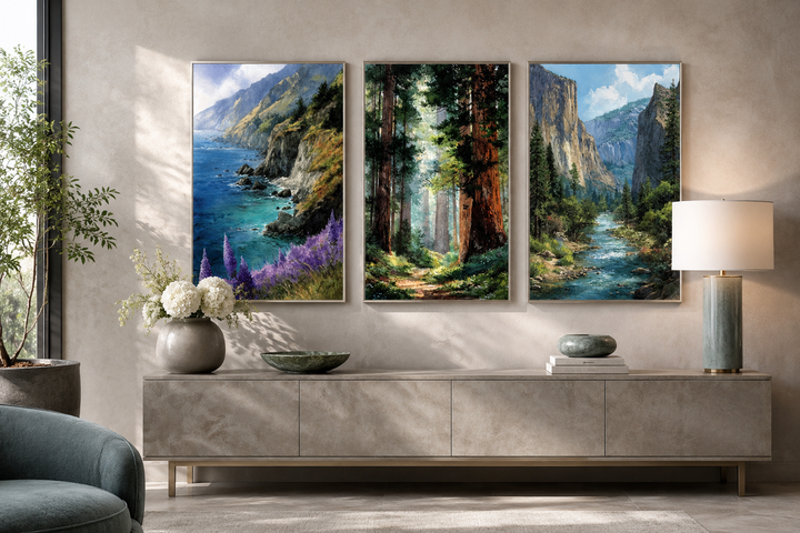 Set of 3 vertical paintings featuring Big Sur, Redwood Forest, and Yosemite landscapes.