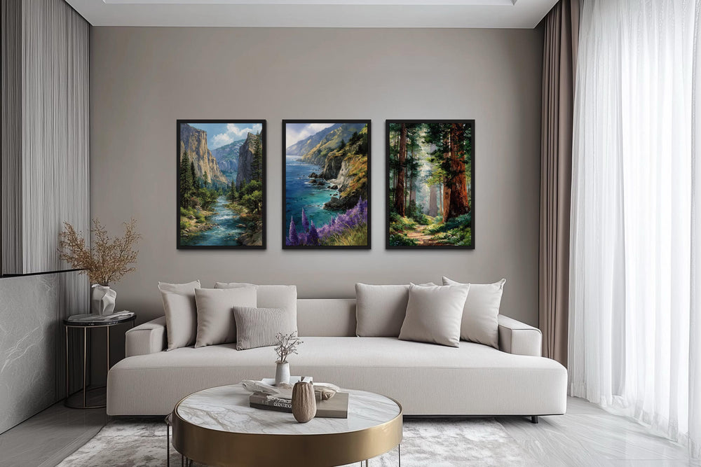 California Landscape Wall Art Set of 3, Yosemite, Big Sur, Redwood Forest
