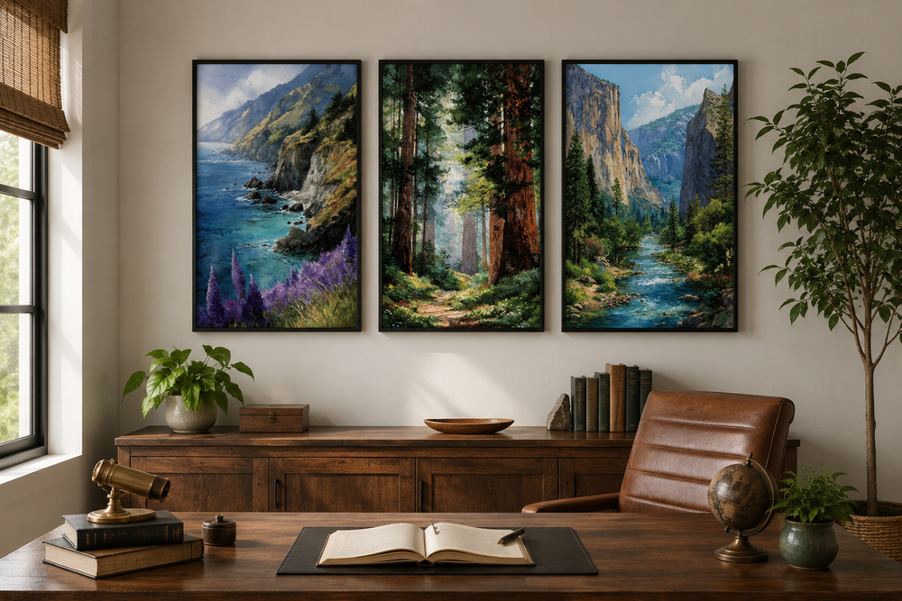 Set of 3 framed California landscape prints featuring Big Sur, Redwood Forest, and Yosemite.