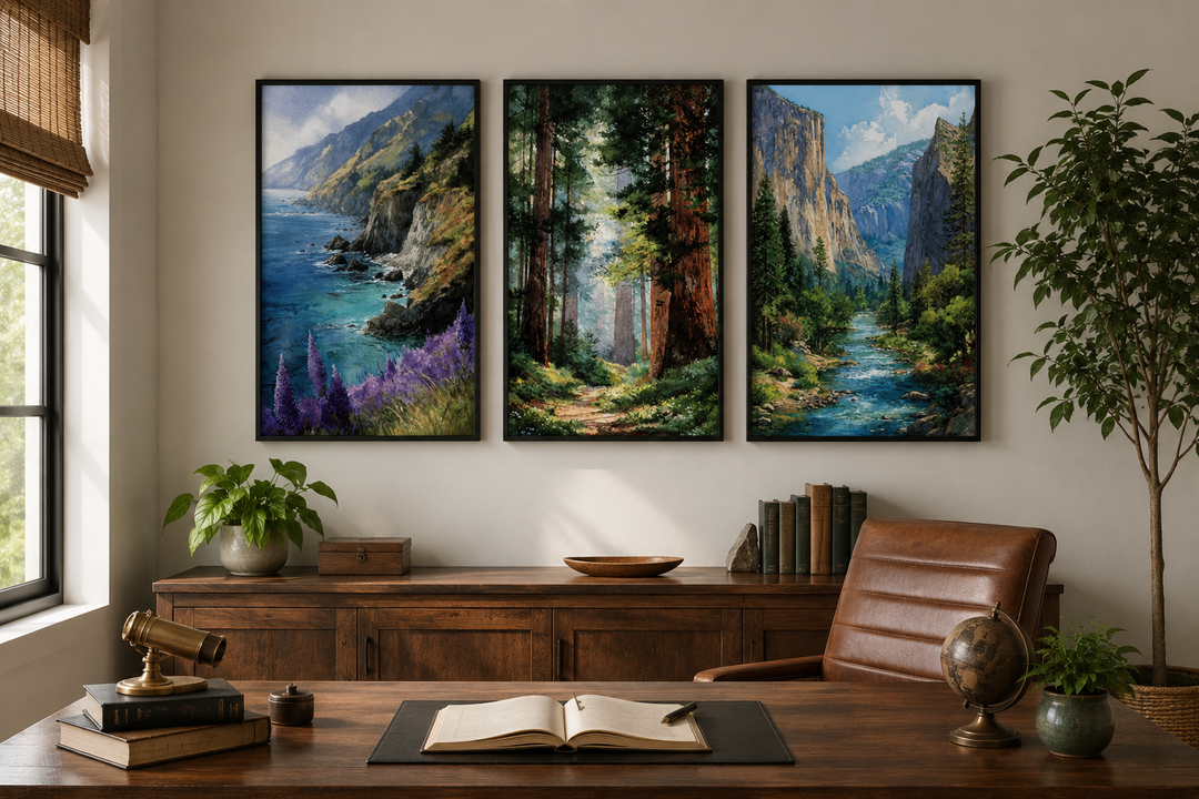 Set of 3 framed California landscape prints featuring Big Sur, Redwood Forest, and Yosemite.