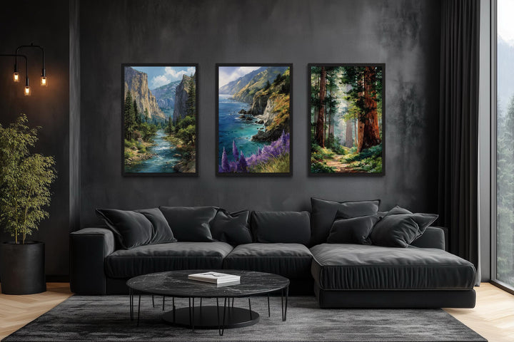Set of 3 California landscape wall art prints featuring Yosemite, Big Sur, and Redwood Forest.