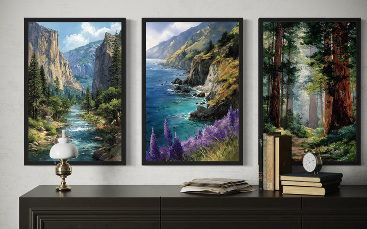 Set of 3 framed paintings featuring Yosemite Valley, Big Sur coastline, and a Redwood forest.