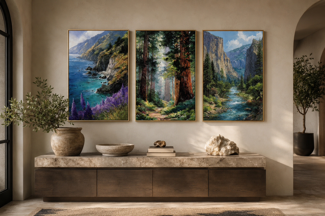 Triptych of California landscape paintings featuring Big Sur, Redwood Forest, and Yosemite.