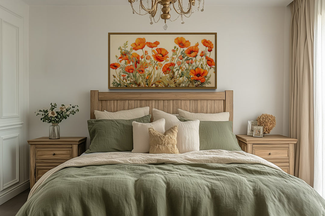 California Poppies Framed Canvas Wall Art hanging above a wooden bed with green and cream bedding.