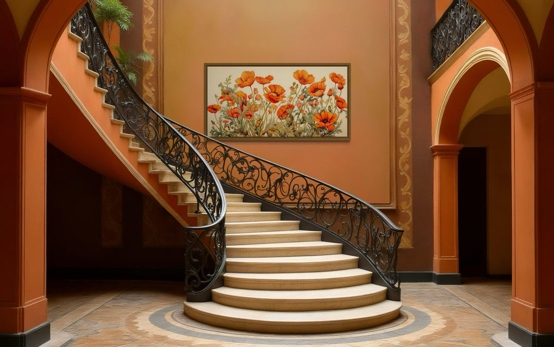 California Poppies Framed Canvas Wall Art hanging on a warm orange wall above a grand staircase.