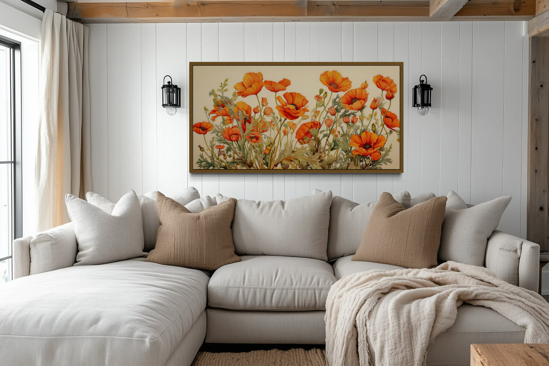 California Poppies Framed Canvas Wall Art hanging above a neutral sectional sofa in a living room.