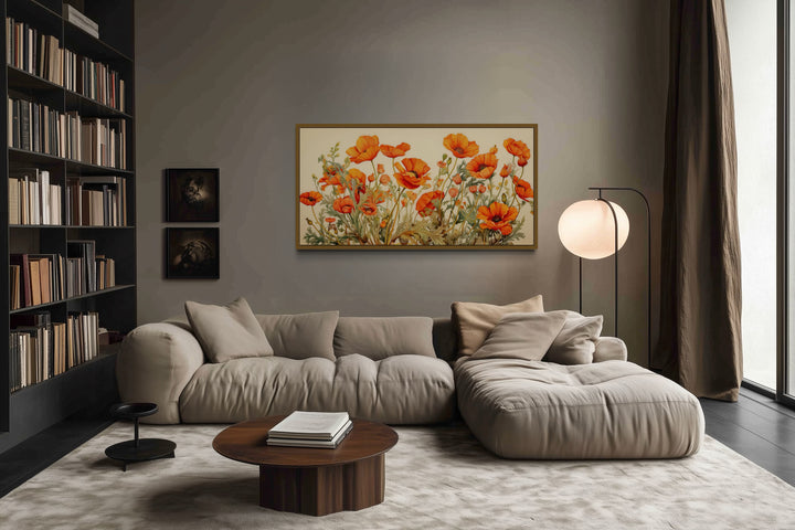 California Poppies Framed Canvas Wall Art above a modern sofa in a minimalist living room.