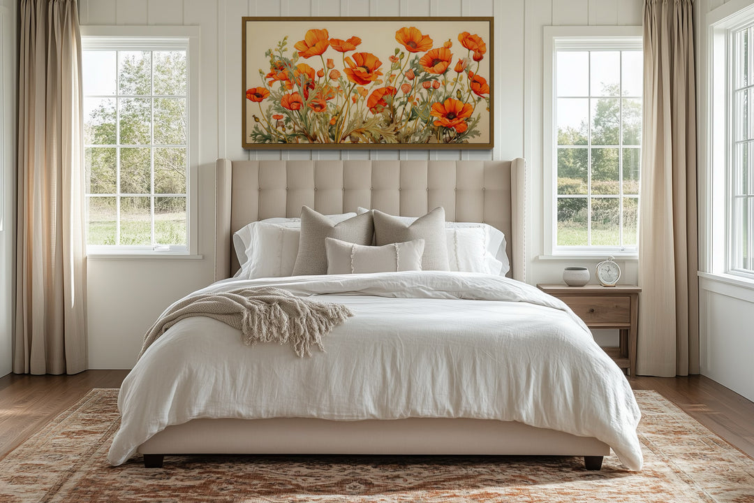 California Poppies Framed Canvas Wall Art hanging above a bed in a neutral-toned bedroom.