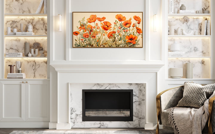 California Poppies Framed Canvas Wall Art displayed above a white fireplace in a modern living room.
