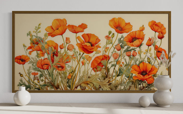 California Poppies Framed Canvas Wall Art featuring orange blooms on a neutral background.