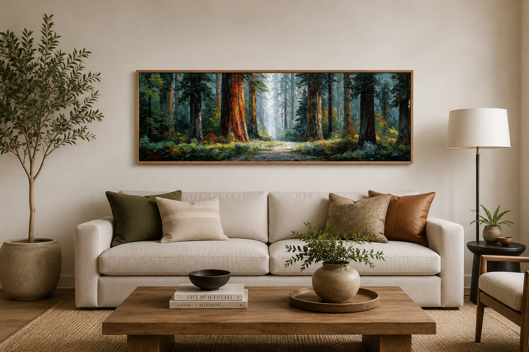 California Redwood Forest long horizontal canvas wall art hanging above a modern cream sofa.