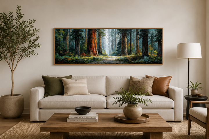 California Redwood Forest long horizontal canvas wall art hanging above a modern cream sofa.