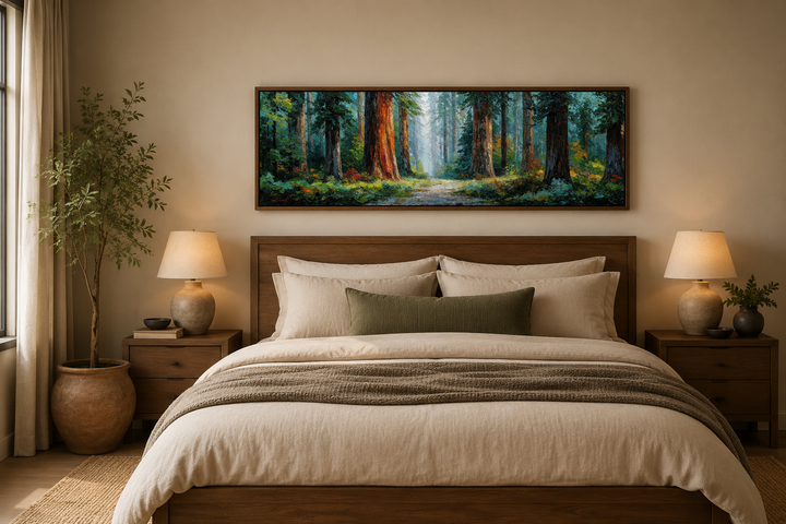 California Redwood Forest long horizontal canvas wall art hanging above a bed in a cozy bedroom.