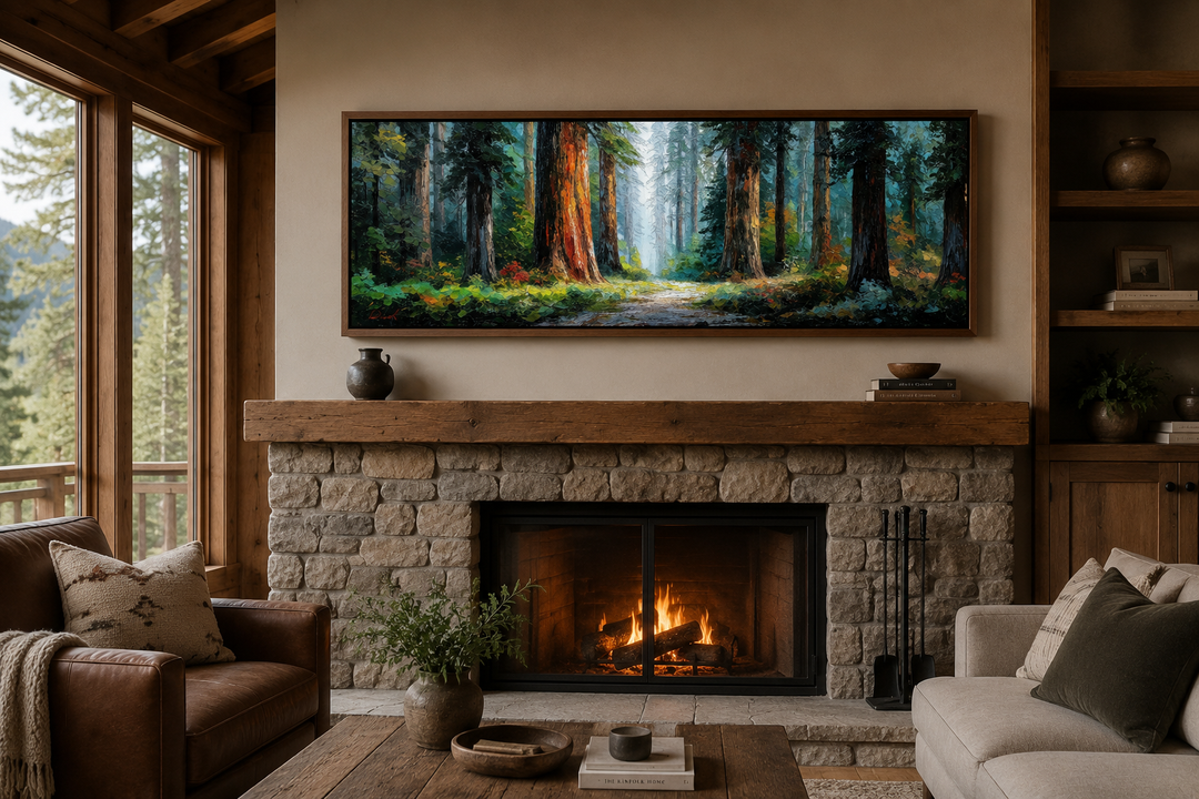 California Redwood Forest long horizontal canvas wall art hanging above a stone fireplace.