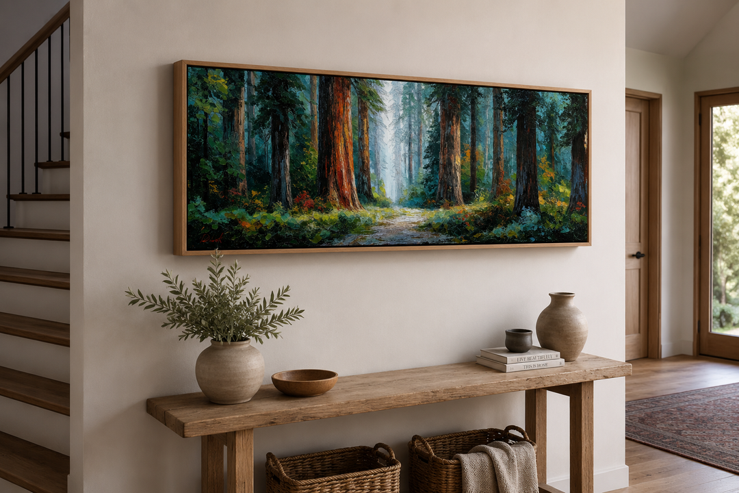 California Redwood Forest long horizontal canvas wall art in a wooden frame above a console table.