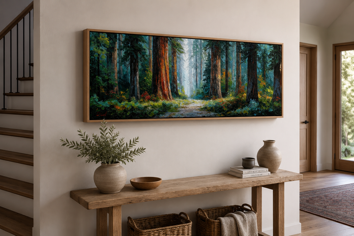 California Redwood Forest long horizontal canvas wall art in a wooden frame above a console table.