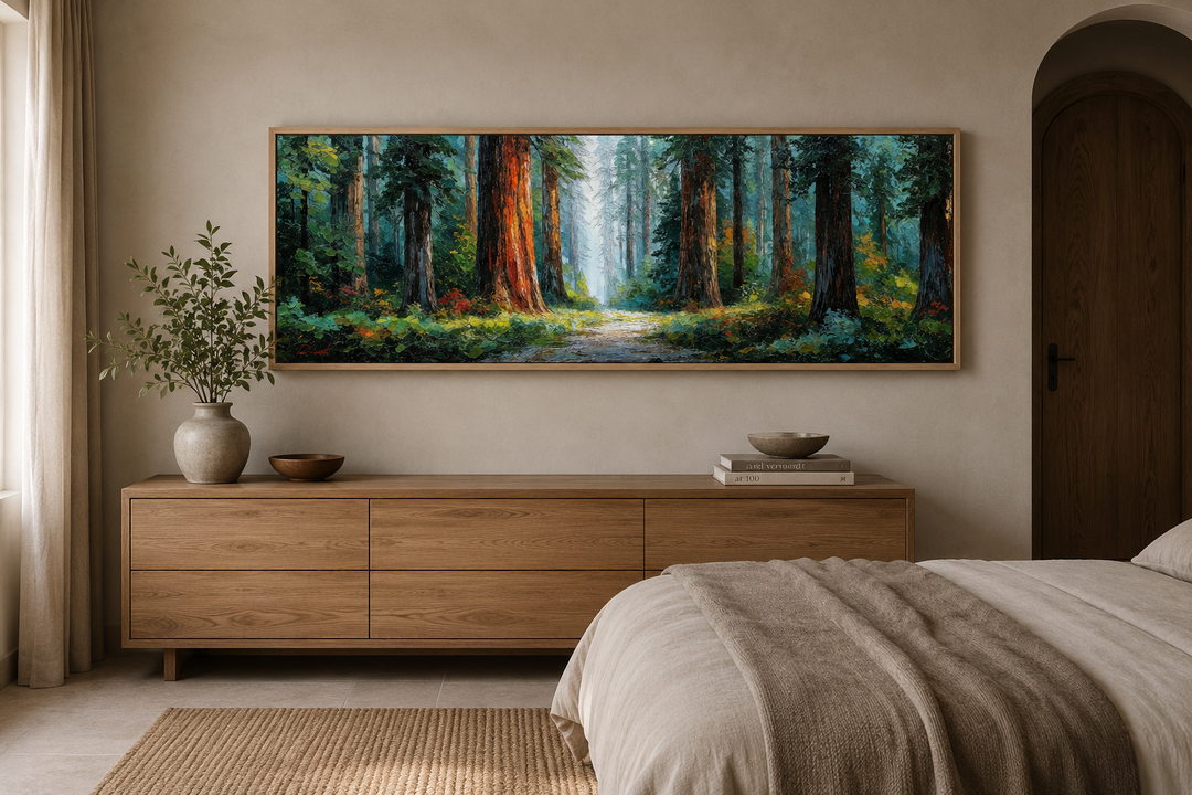California Redwood Forest long horizontal canvas wall art above a wooden dresser in a bedroom.