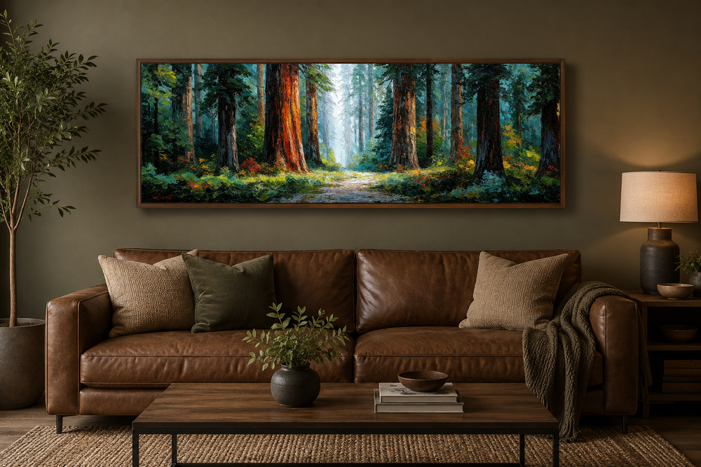 California Redwood Forest long horizontal canvas wall art above a brown leather sofa.