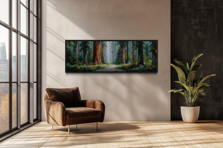 California Redwood Forest long horizontal canvas wall art in a modern living room setting.