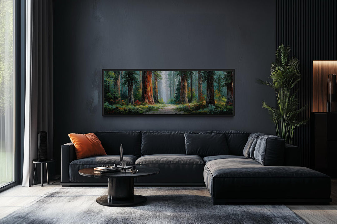 California Redwood Forest long horizontal canvas wall art hanging above a dark modern sofa.