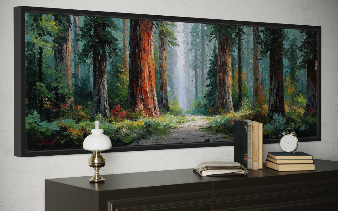 California Redwood Forest long horizontal canvas wall art above a dark wood sideboard.