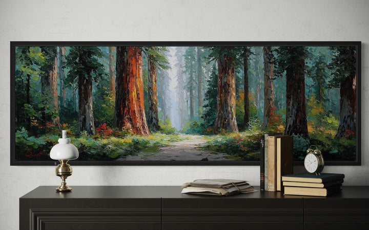 California redwood forest long horizontal canvas wall art above a dark wood sideboard.
