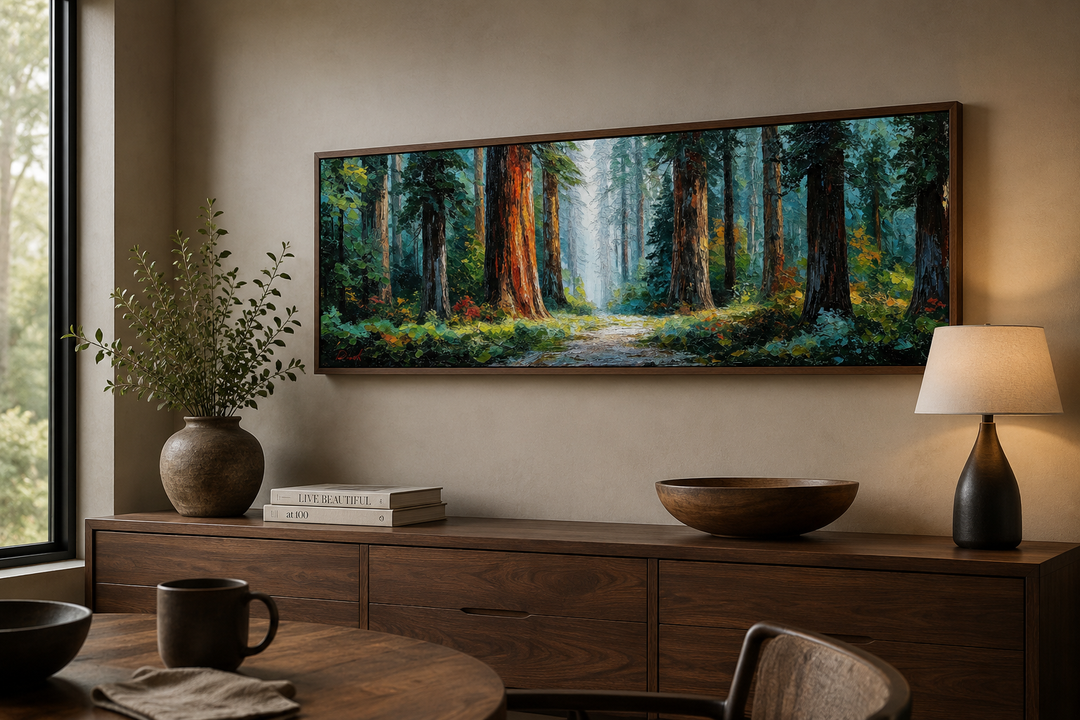 California Redwood Forest long horizontal canvas wall art in a dark wood frame above a sideboard.