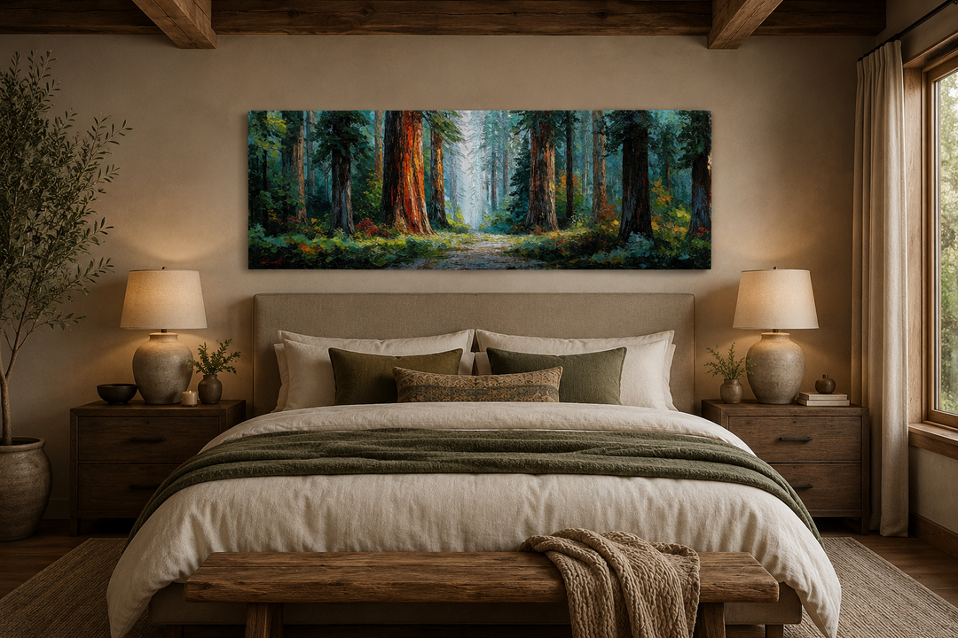 Long horizontal canvas art of a California redwood forest hanging above a bed in a rustic bedroom.