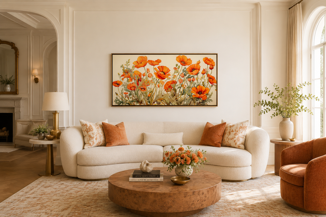 California Poppies Framed Canvas Wall Art above a white sofa in a modern living room.