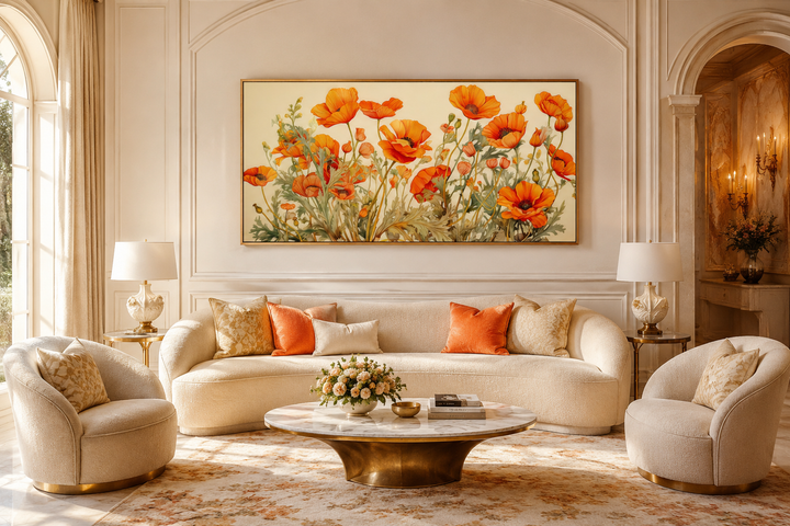 California Poppies Framed Canvas Wall Art above a cream sofa in a bright, elegant living room.