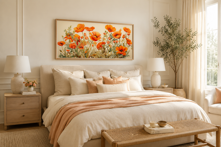 California Poppies Framed Canvas Wall Art hanging above a bed in a neutral-toned bedroom.