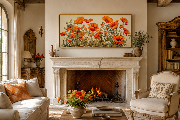 California Poppies Framed Canvas Wall Art displayed above a stone fireplace in a rustic living room.