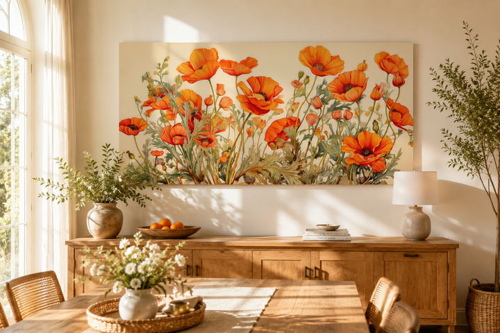 Large framed canvas wall art featuring vibrant orange California poppies above a wooden sideboard.