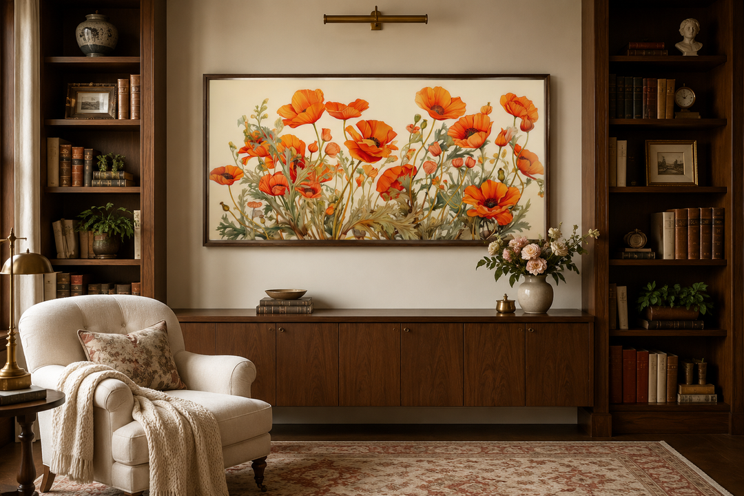 California Poppies Framed Canvas Wall Art featuring orange blooms above a wooden sideboard.