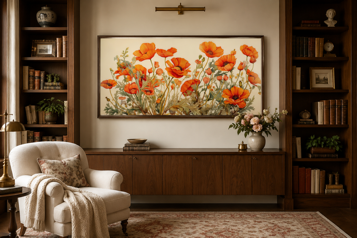 California Poppies Framed Canvas Wall Art featuring orange blooms above a wooden sideboard.
