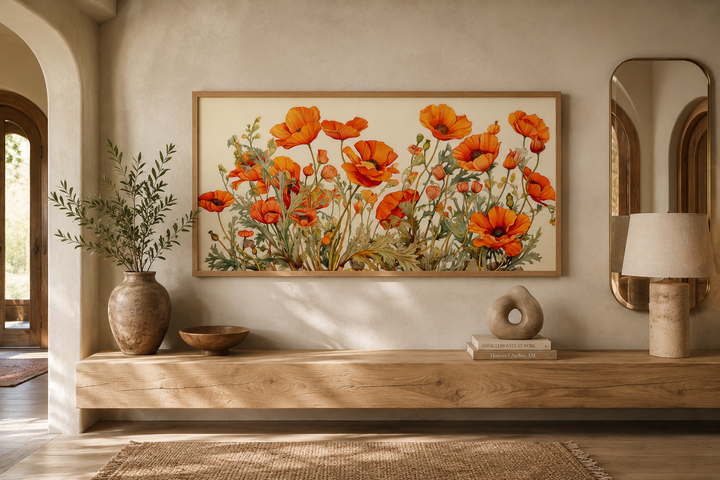 California Poppies Framed Canvas Wall Art featuring vibrant orange flowers in a wooden frame.