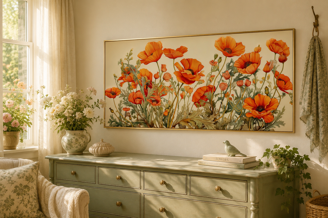 California Poppies Framed Canvas Wall Art above a green dresser in a sunlit room.