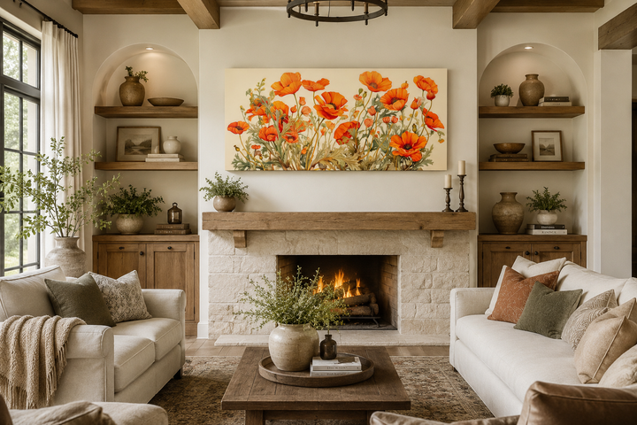 California Poppies Framed Canvas Wall Art displayed above a stone fireplace in a cozy living room.