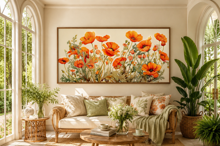 California Poppies Framed Canvas Wall Art featuring vibrant orange flowers above a sunlit sofa.