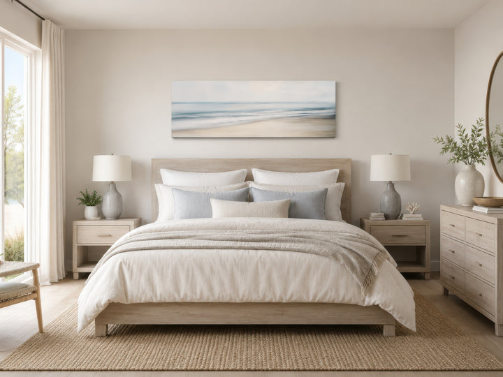Calm long horizontal ocean framed canvas wall art above a bed in a coastal-style bedroom.