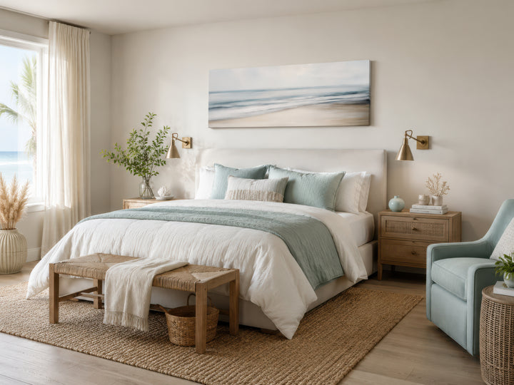 Calm long horizontal ocean framed canvas wall art in a serene coastal bedroom setting.