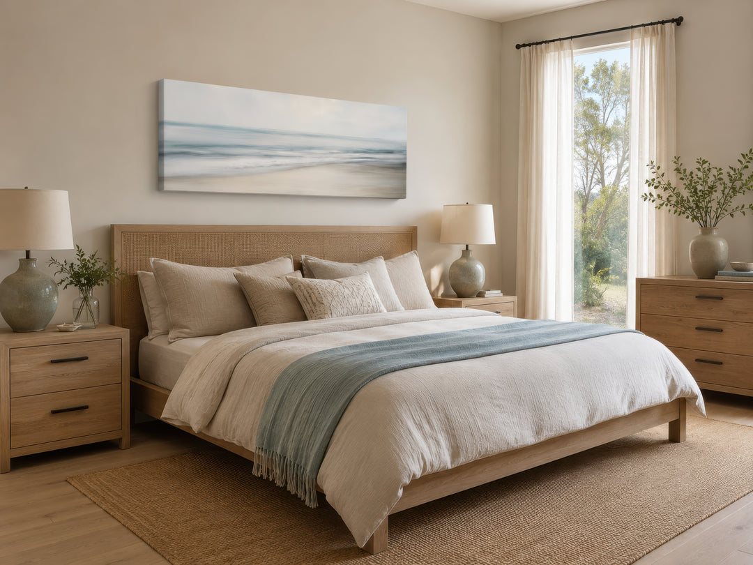Long horizontal framed canvas wall art of a calm ocean scene hanging above a bed in a bedroom.