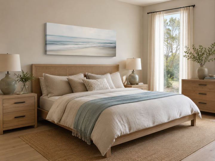 Long horizontal framed canvas wall art of a calm ocean scene hanging above a bed in a bedroom.