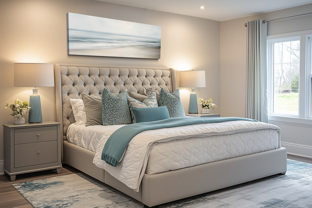 Calm long horizontal ocean framed canvas wall art hanging above a tufted bed in a bedroom.