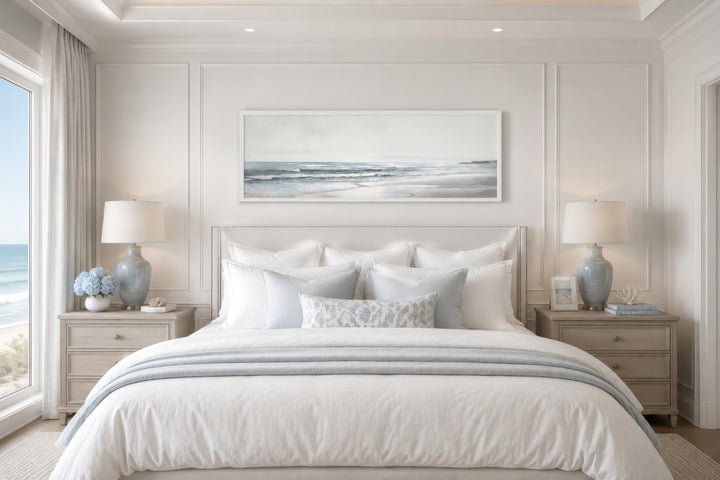 Long horizontal framed canvas wall art featuring a minimalist coastal beach landscape.