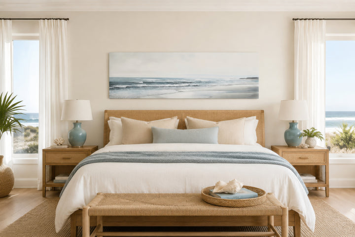 Long horizontal framed canvas wall art featuring a minimalist coastal beach landscape.