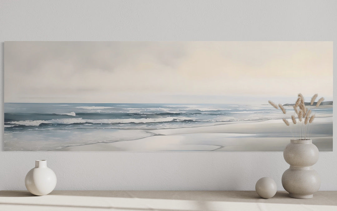 Minimalist long horizontal coastal framed canvas wall art featuring a serene beach landscape.