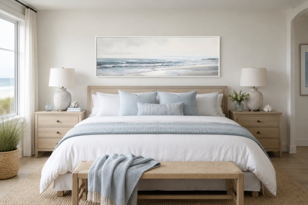 Long horizontal framed canvas wall art featuring a minimalist coastal beach landscape.